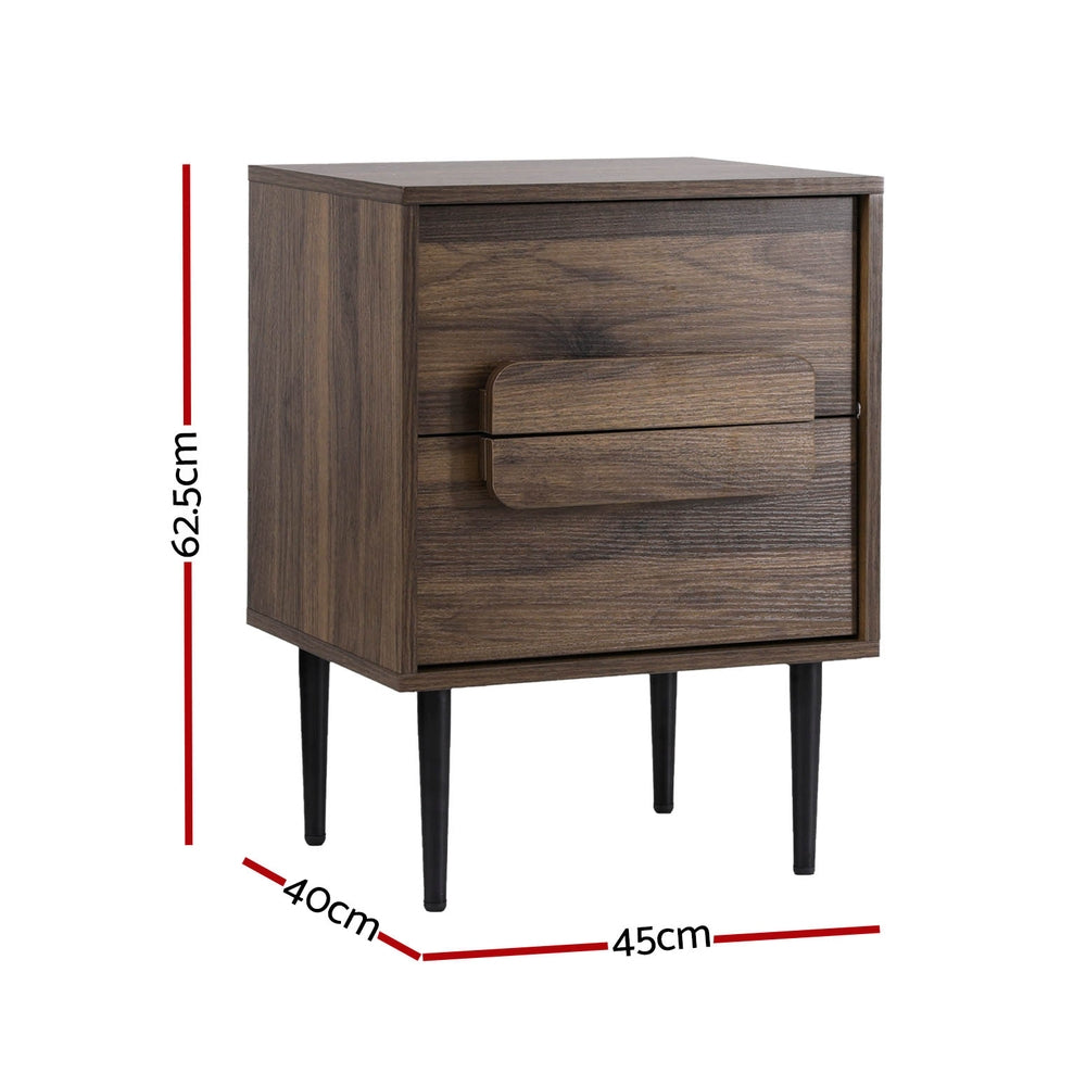 Artiss 2-Drawer Bedside Table with Metal Legs – Walnut and Black