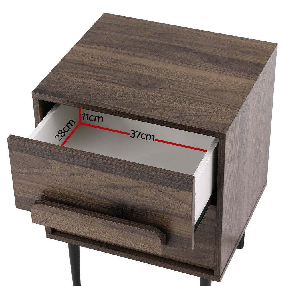 Artiss 2-Drawer Bedside Table with Metal Legs – Walnut and Black