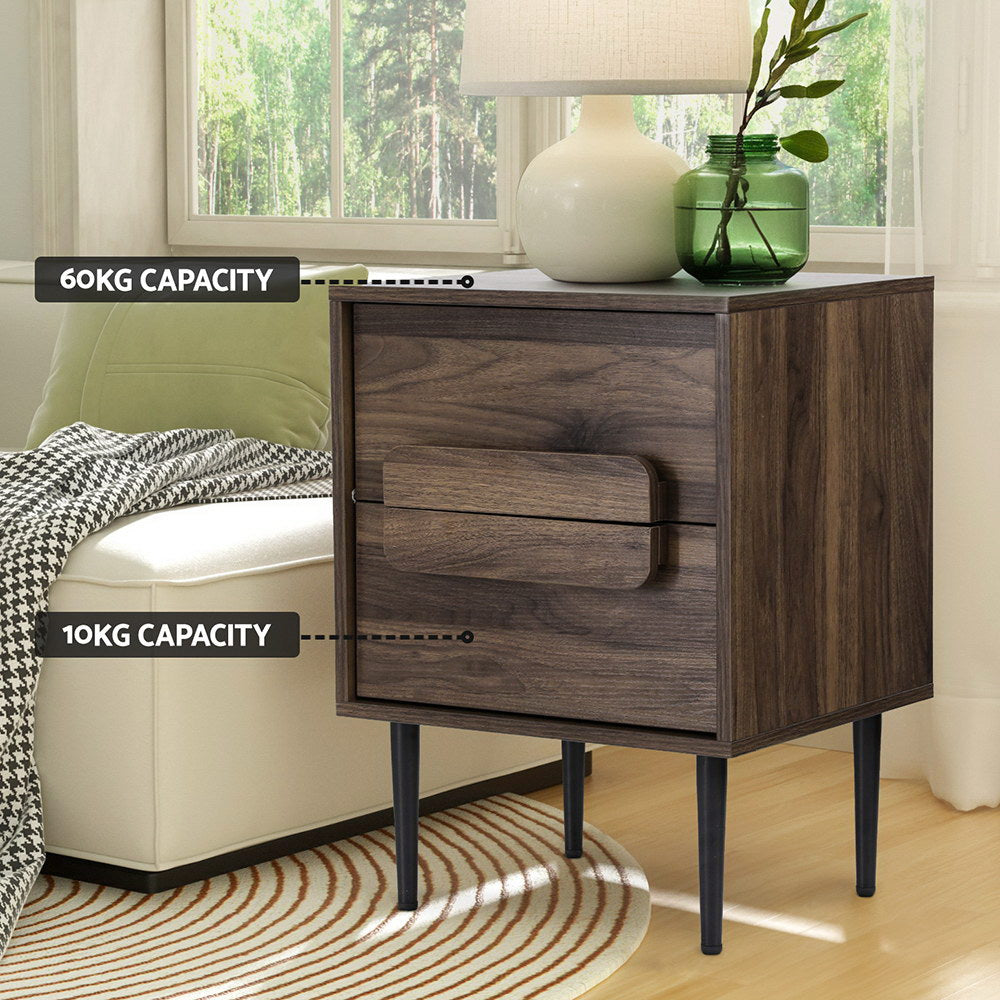 Artiss 2-Drawer Bedside Table with Metal Legs – Walnut and Black