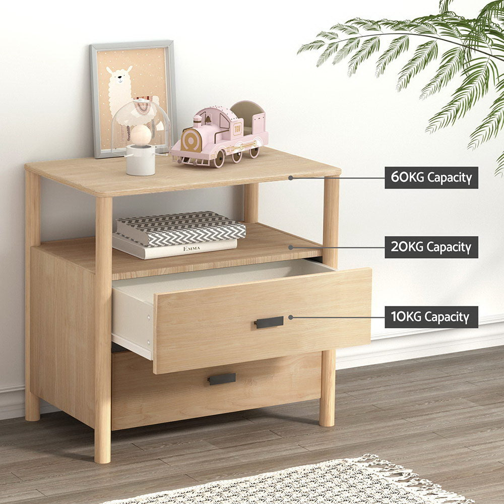 Artiss Wide 2-Drawer Bedside Cabinet with Shelf – Pine Look