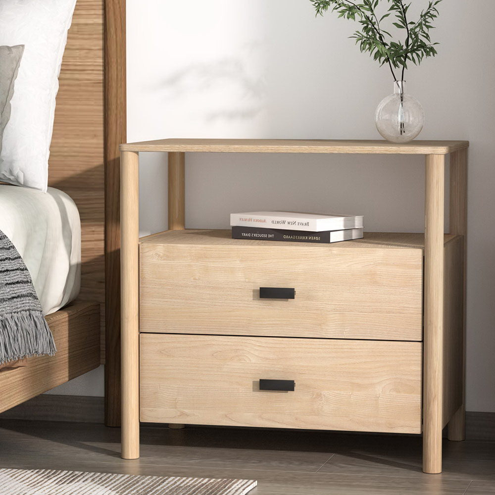 Artiss Wide 2-Drawer Bedside Cabinet with Shelf – Pine Look