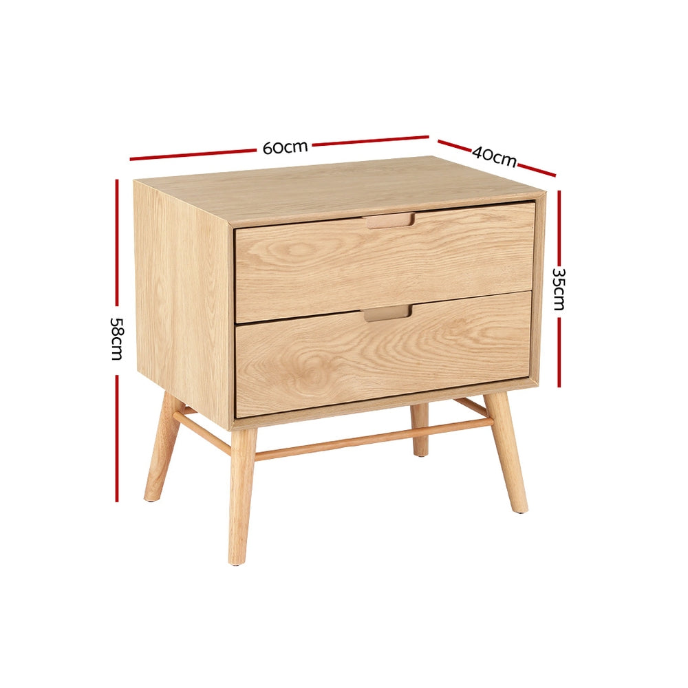 Artiss Gino 2-Drawer Bedside Table with Ash-Wood Legs – Pine Look