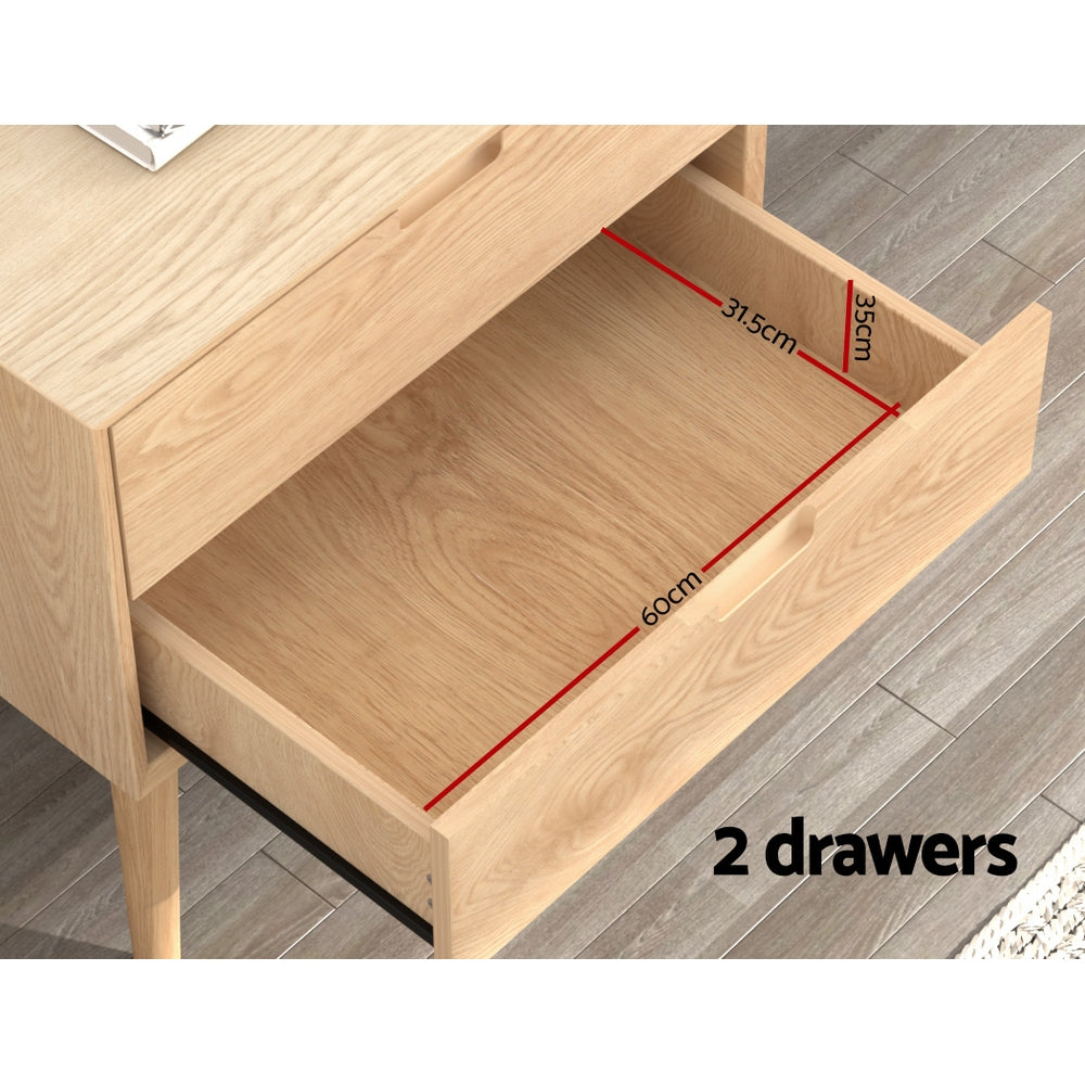 Artiss Gino 2-Drawer Bedside Table with Ash-Wood Legs – Pine Look