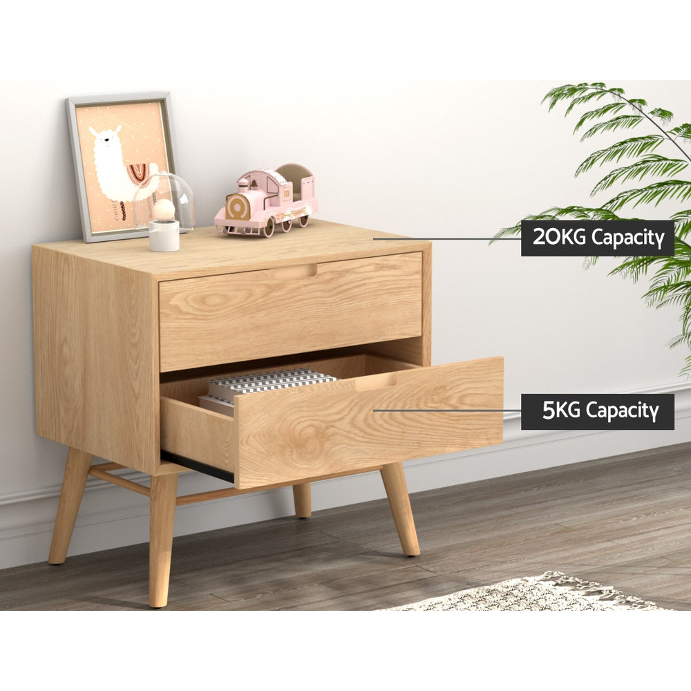 Artiss Gino 2-Drawer Bedside Table with Ash-Wood Legs – Pine Look