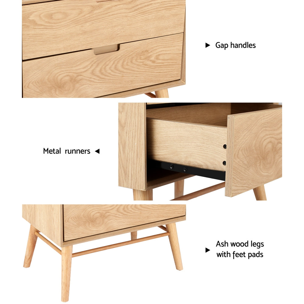 Artiss Gino 2-Drawer Bedside Table with Ash-Wood Legs – Pine Look