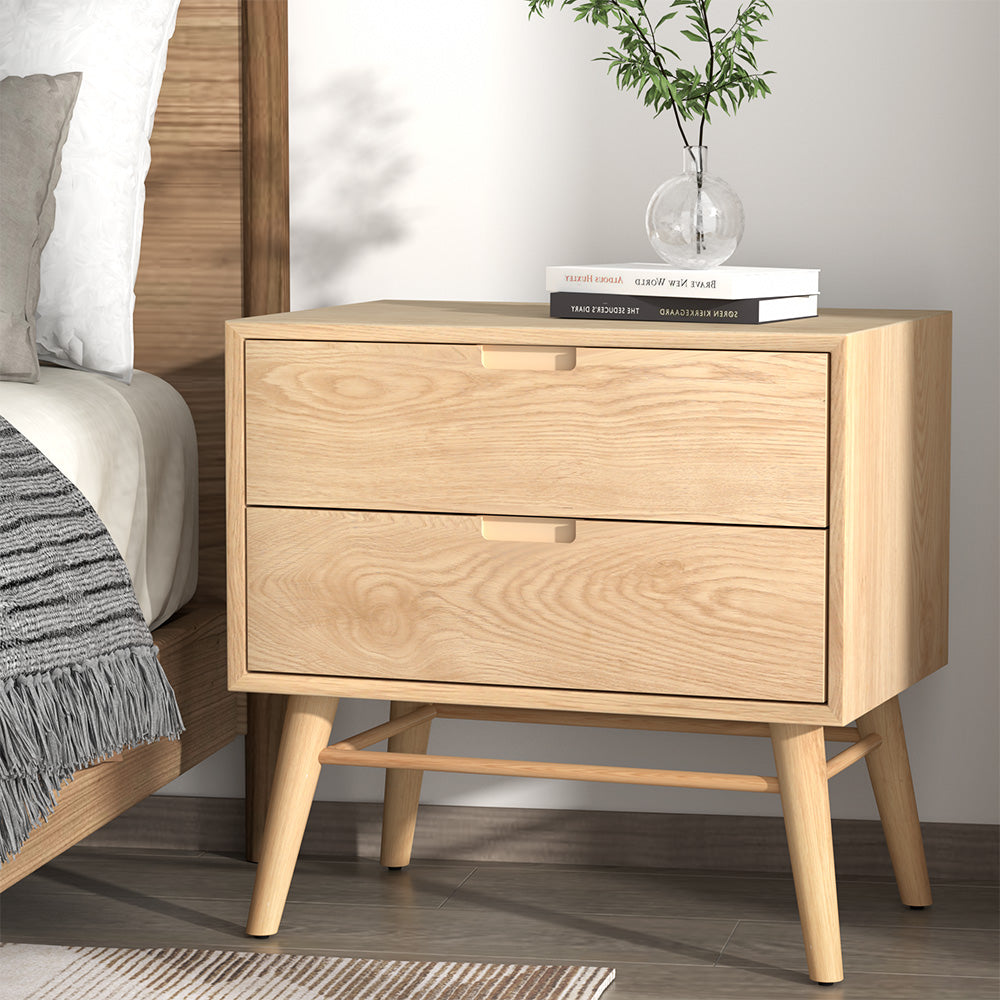 Artiss Gino 2-Drawer Bedside Table with Ash-Wood Legs – Pine Look