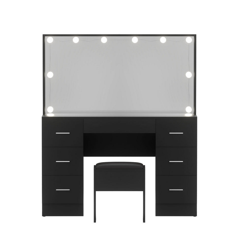Artiss LED Dressing Table & Stool with 10 Bulbs and 7 Drawers – Black