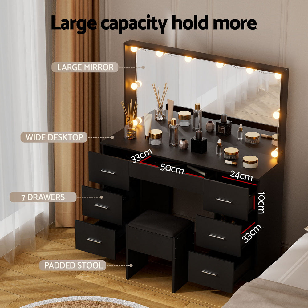 Artiss LED Dressing Table & Stool with 10 Bulbs and 7 Drawers – Black