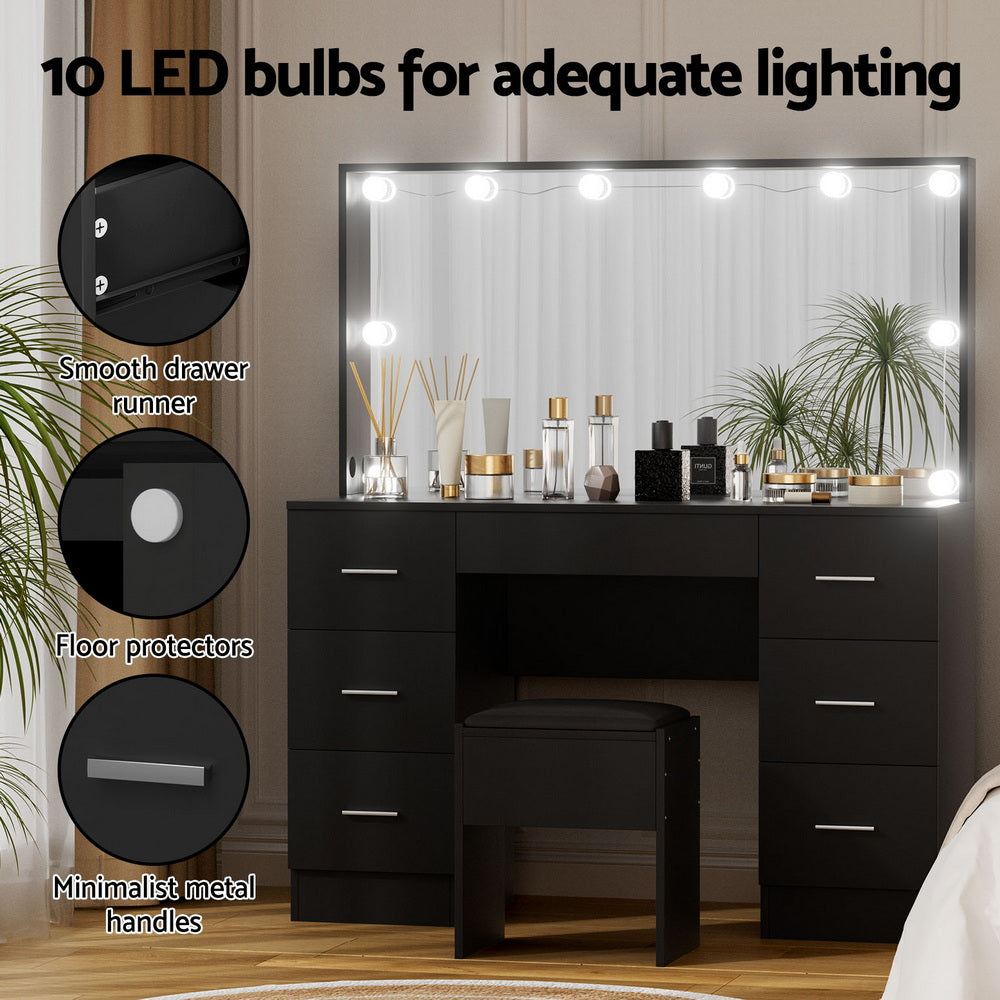 Artiss LED Dressing Table & Stool with 10 Bulbs and 7 Drawers – Black