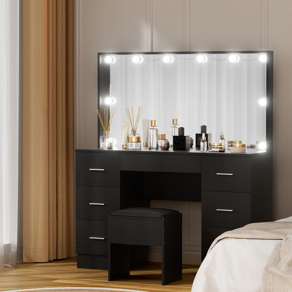 Artiss LED Dressing Table & Stool with 10 Bulbs and 7 Drawers – Black