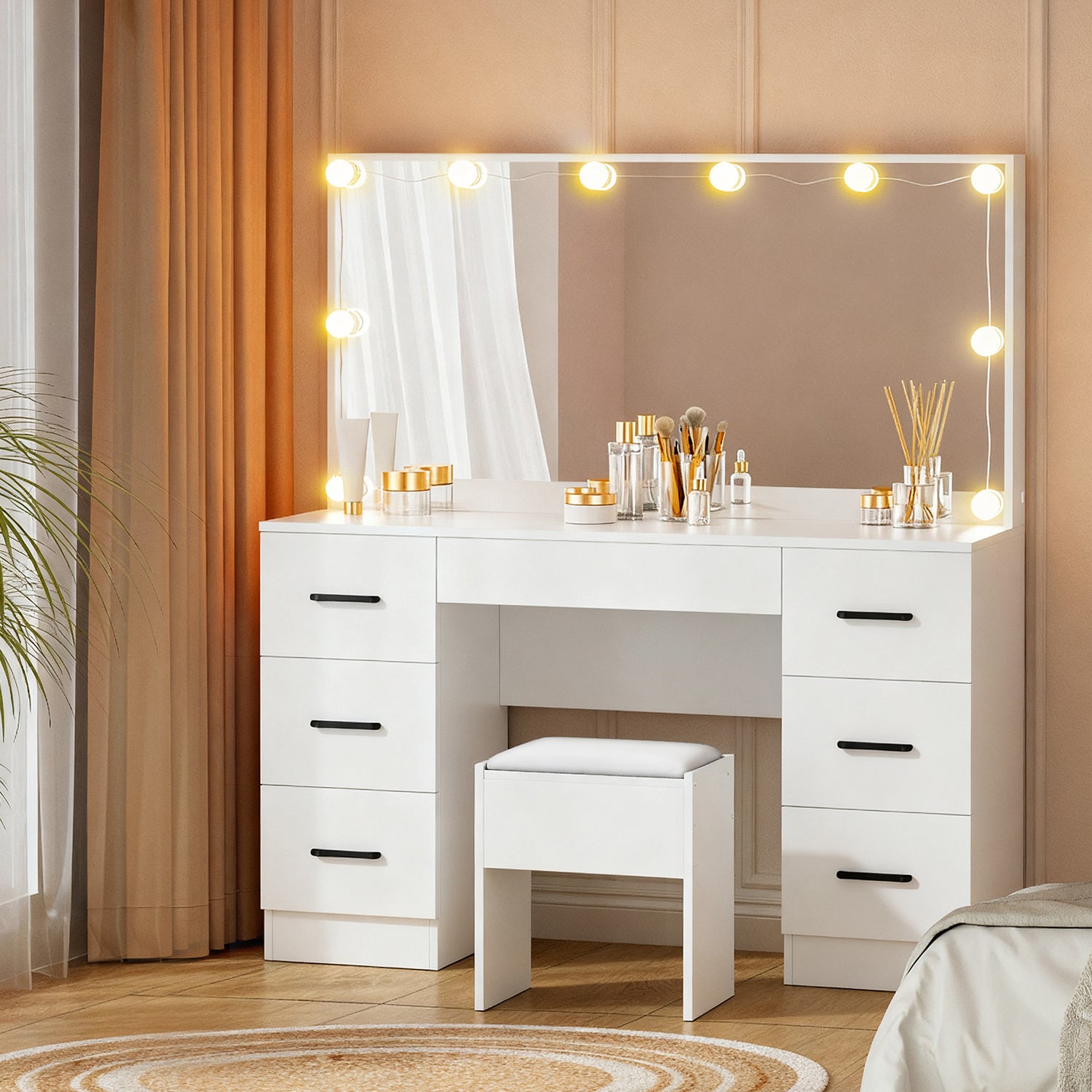 Artiss Debbie LED Dressing Table & Stool – White