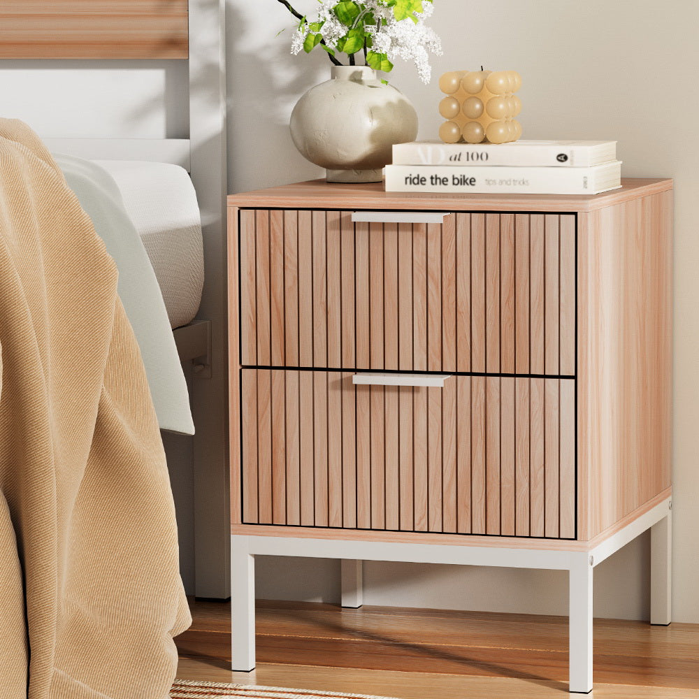 Artiss Lura 2-Drawer Bedside Table – Pine and White