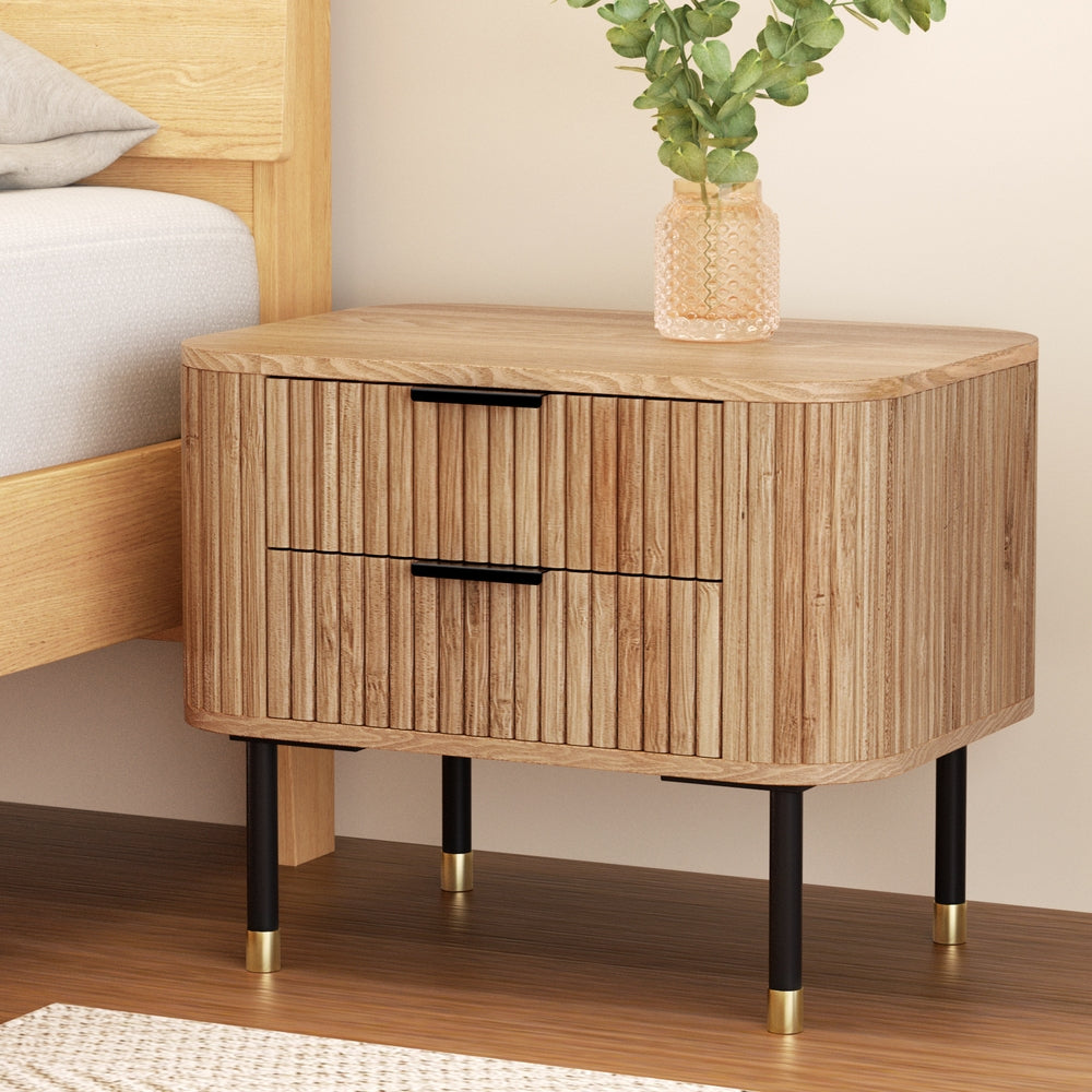Artiss 2-Drawer Bedside Table with Paulownia-Wood Sides – Pine Look