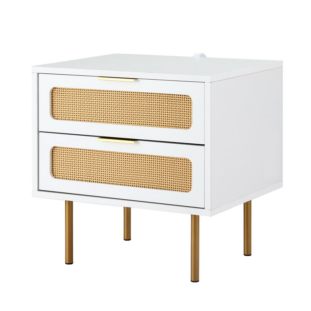 Artiss 2-Drawer Bedside Table with Metal Legs – White and Pine Look