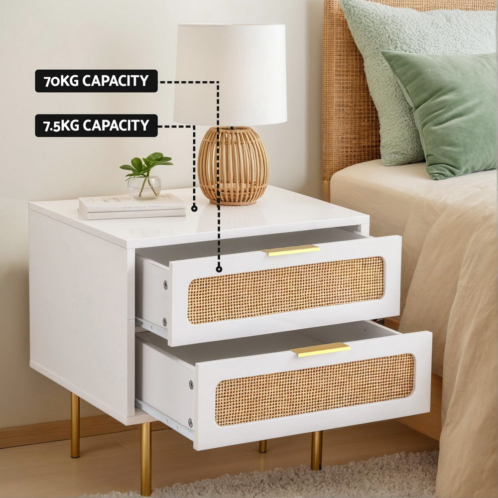 Artiss 2-Drawer Bedside Table with Metal Legs – White and Pine Look