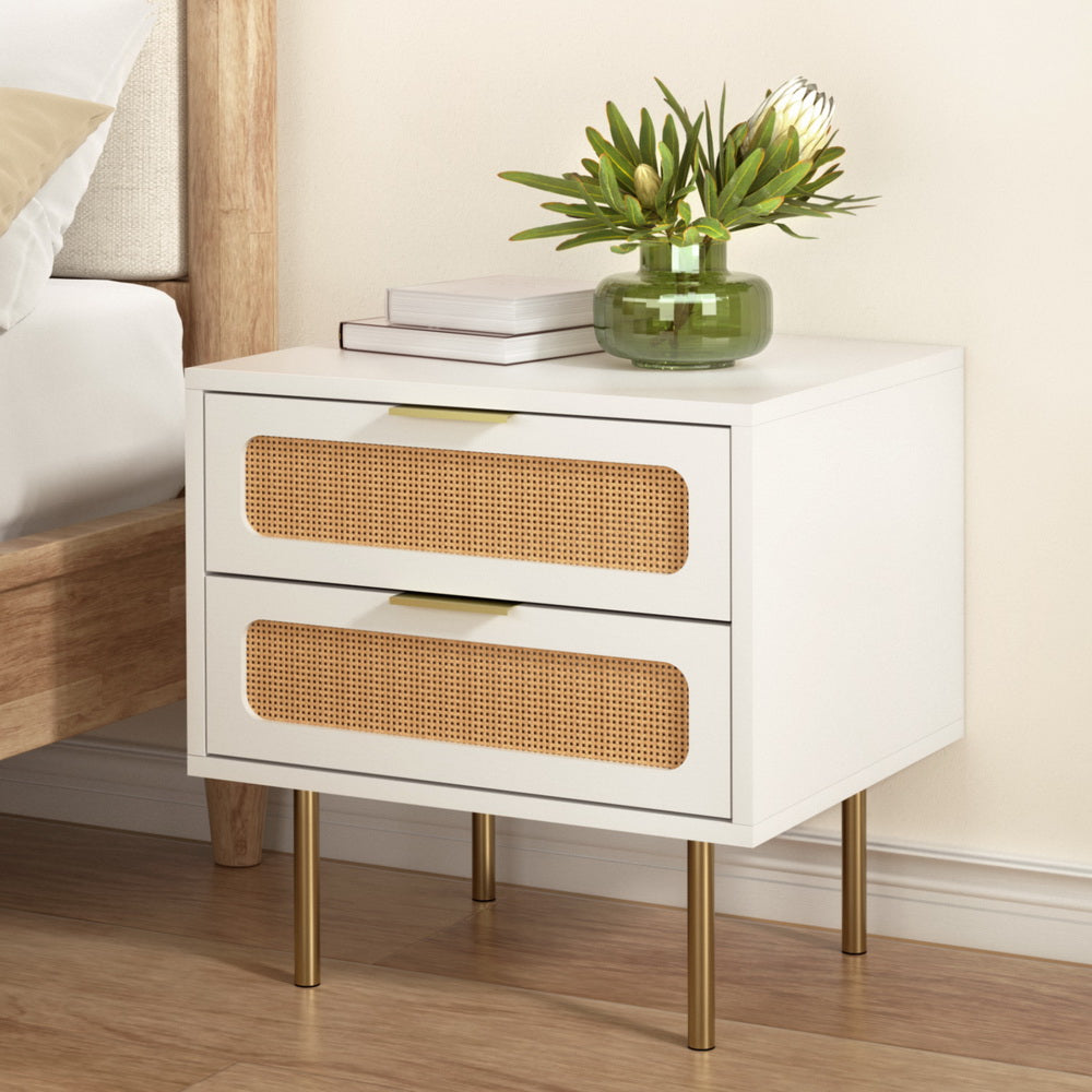 Artiss 2-Drawer Bedside Table with Metal Legs – White and Pine Look