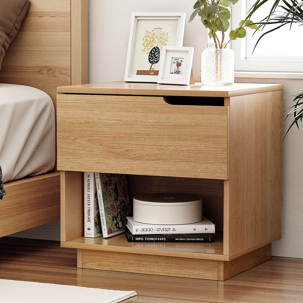 Artiss Bedside Table with Drawer and Open Shelf – Pine Look