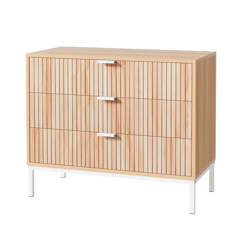 Artiss Lura 3-Drawer Cabinet with Metal Legs – Pine and White