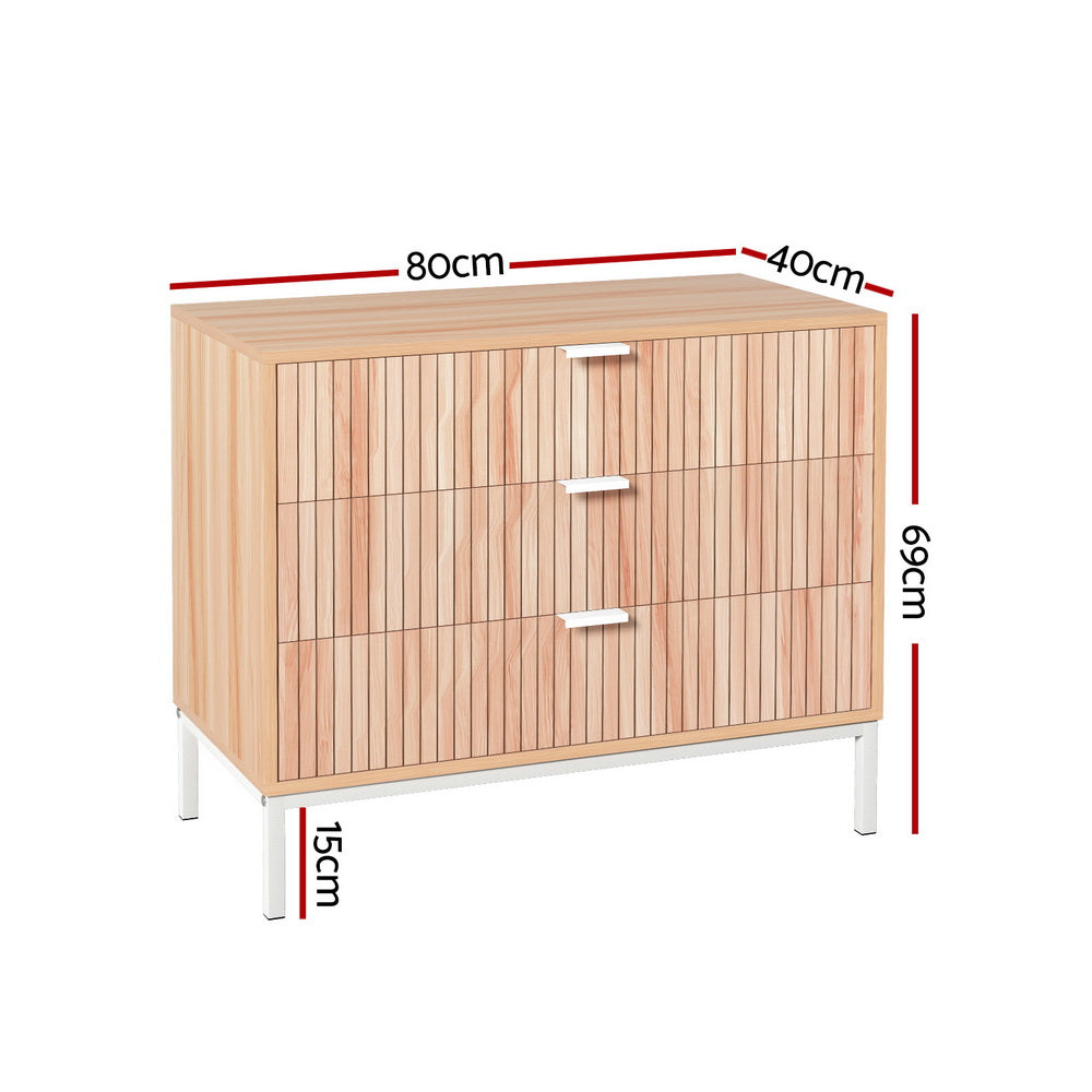 Artiss Lura 3-Drawer Cabinet with Metal Legs – Pine and White