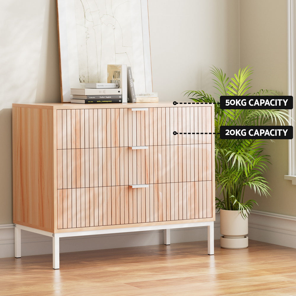 Artiss Lura 3-Drawer Cabinet with Metal Legs – Pine and White