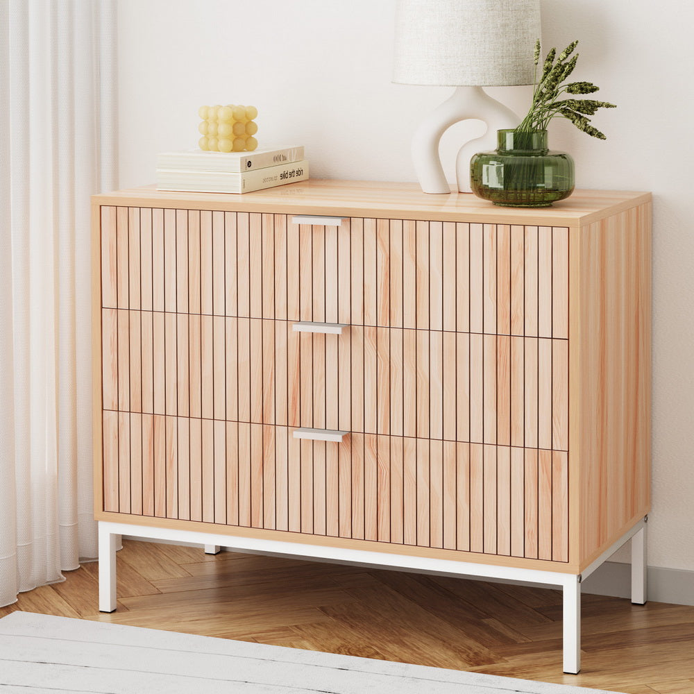 Artiss Lura 3-Drawer Cabinet with Metal Legs – Pine and White