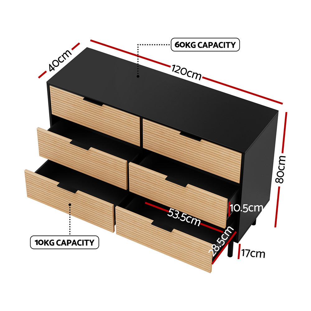 Artiss 6-Drawer Lowboy Cabinet – Black and Pine