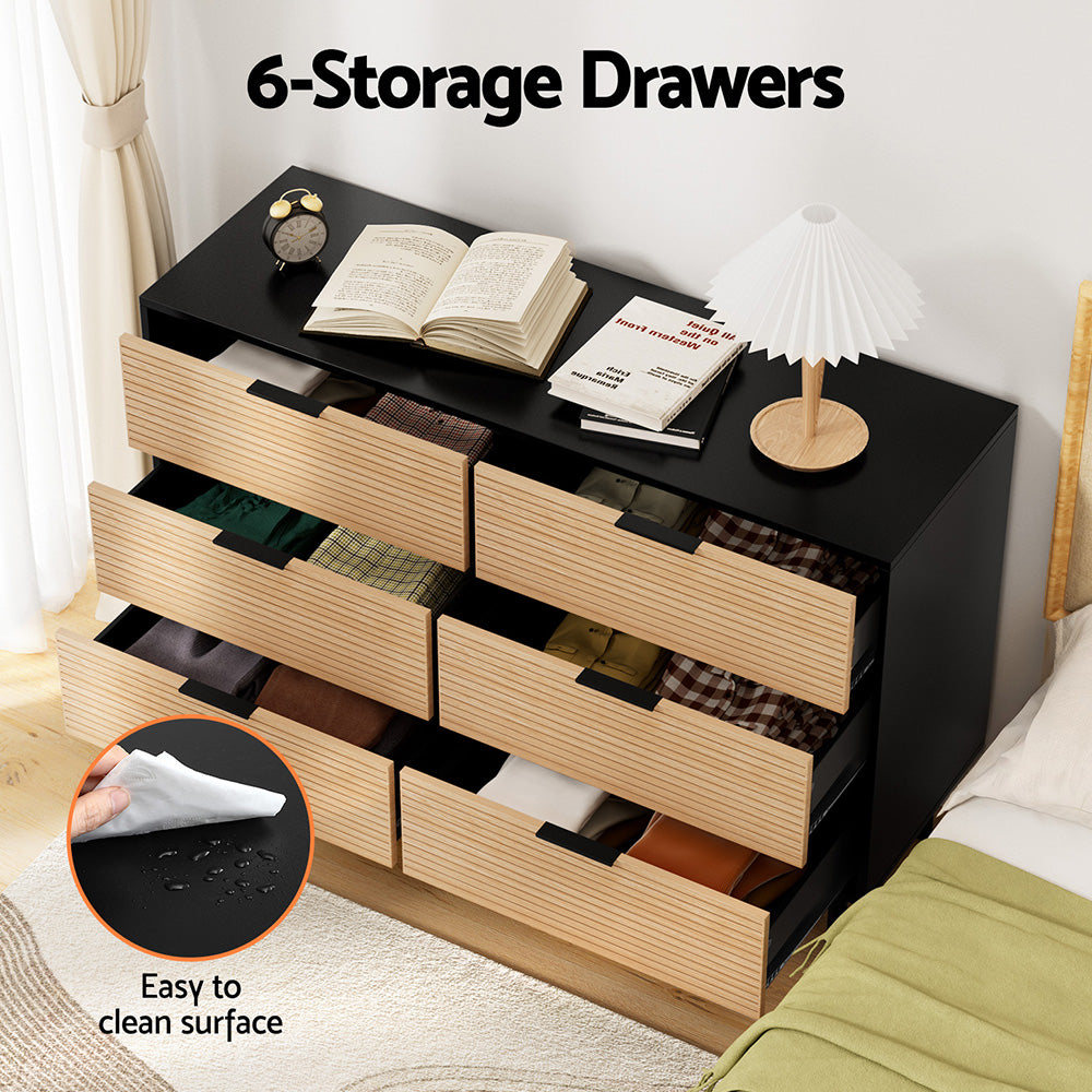 Artiss 6-Drawer Lowboy Cabinet – Black and Pine