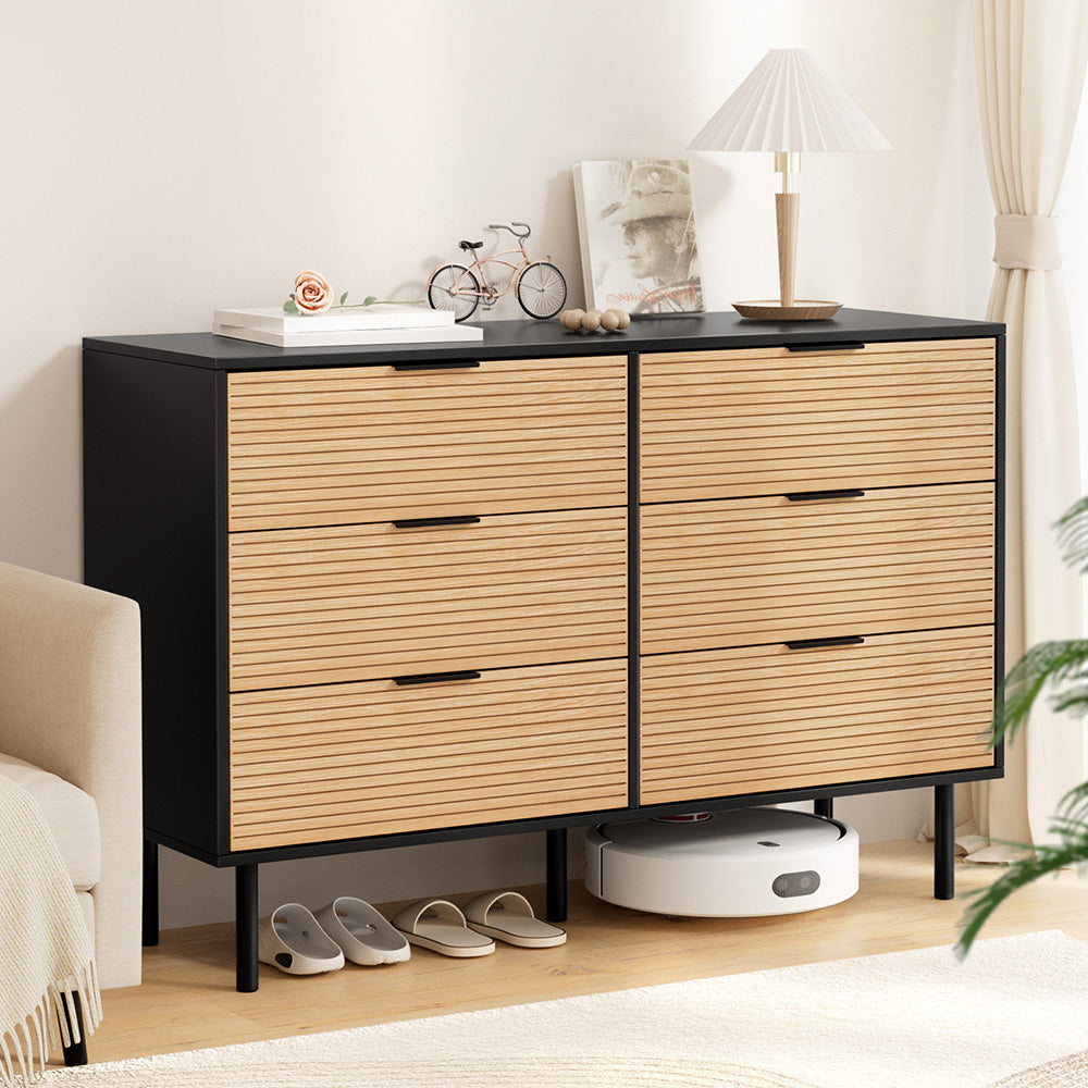Artiss 6-Drawer Lowboy Cabinet – Black and Pine
