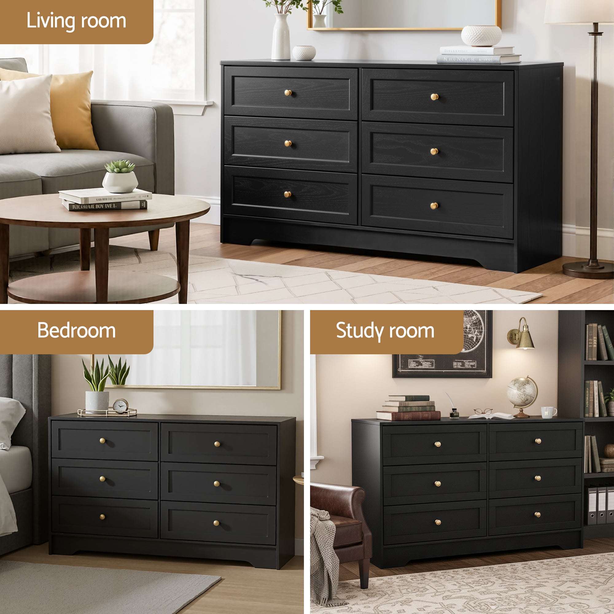 Artiss Leif 6-Drawer Lowboy – Black