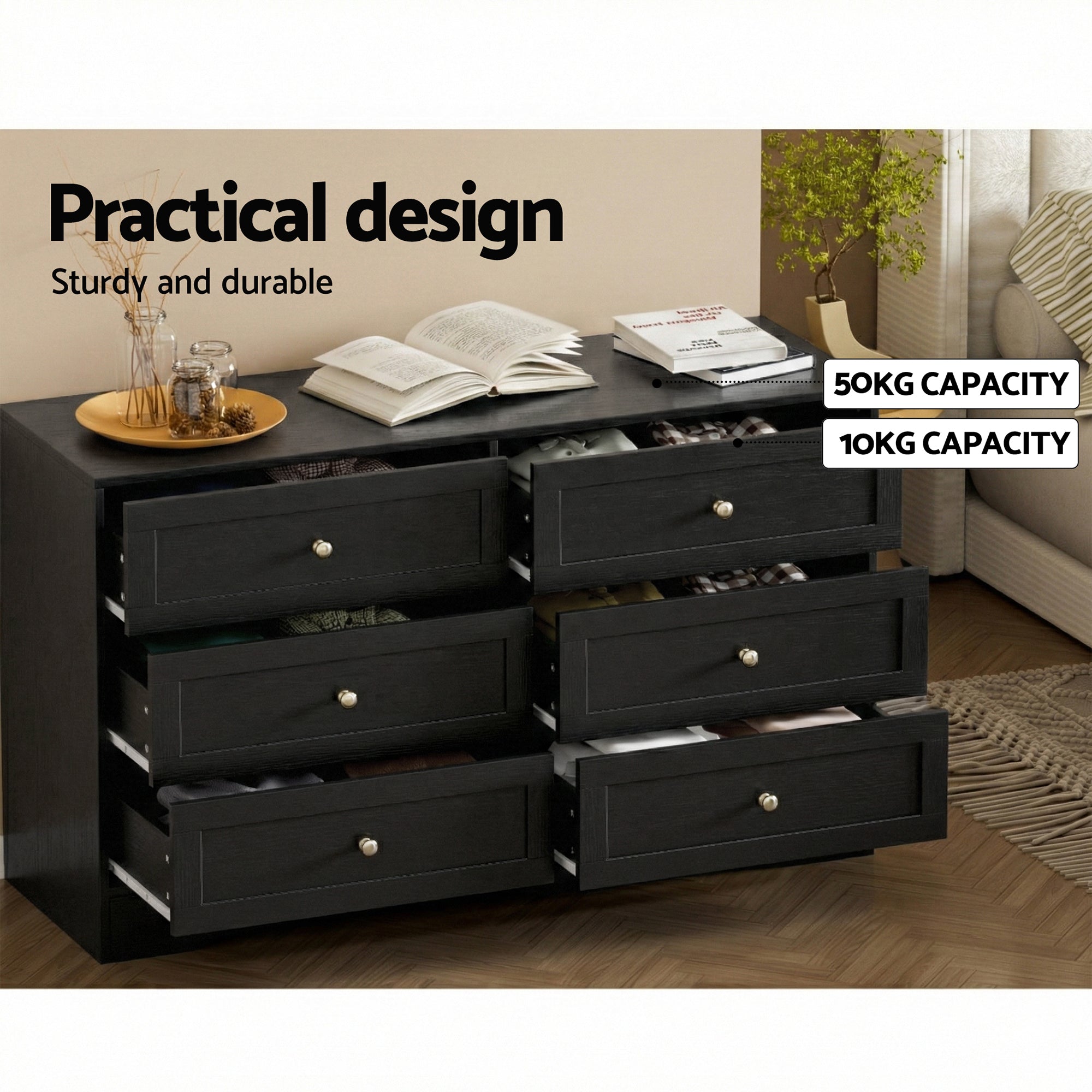 Artiss Leif 6-Drawer Lowboy – Black