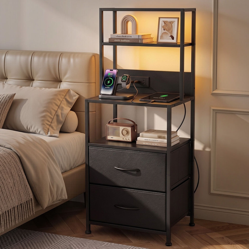 Artiss Tall LED Charging Storage Tower with 2 Fabric Drawers – Black