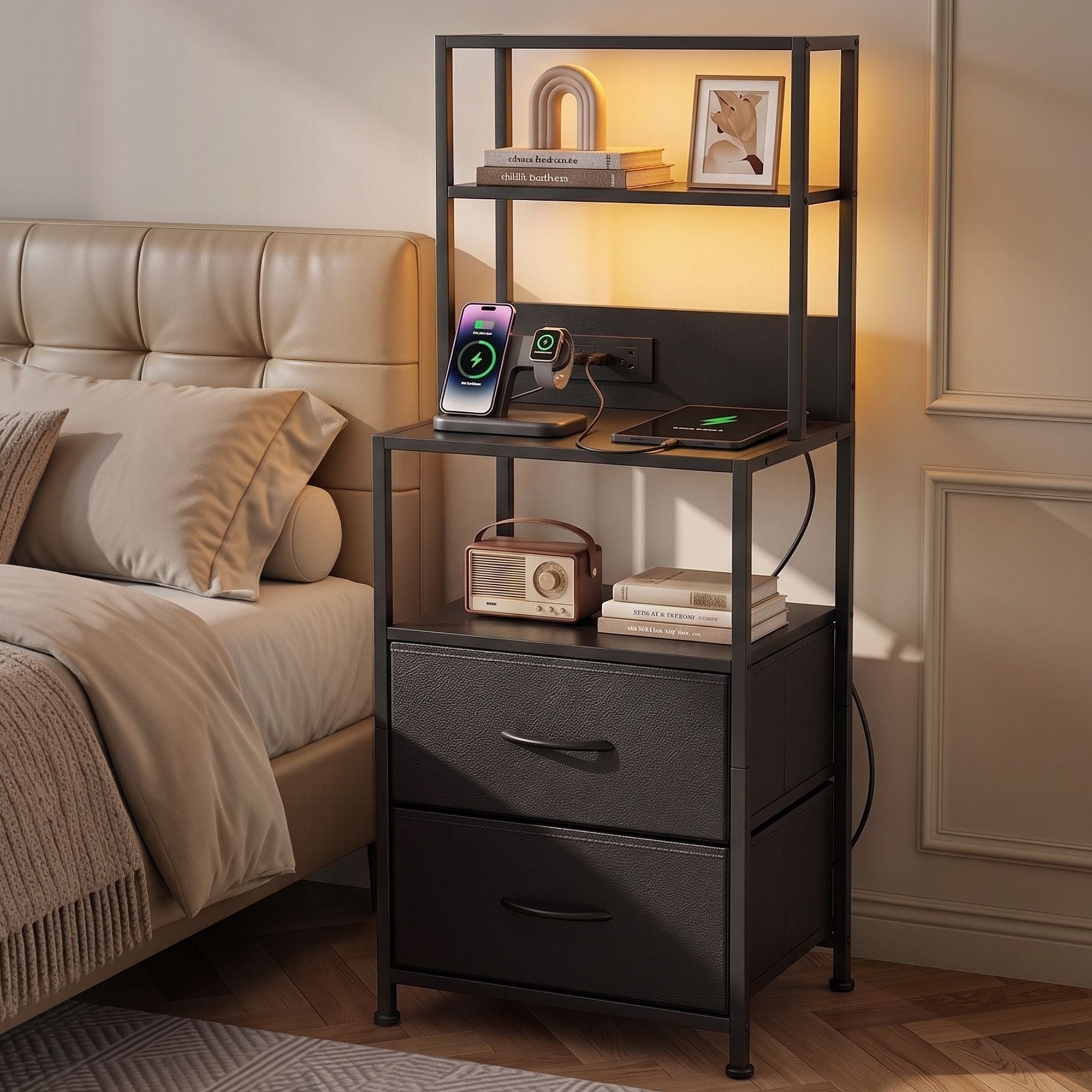 Artiss Tall LED Charging Storage Tower with 2 Fabric Drawers – Black