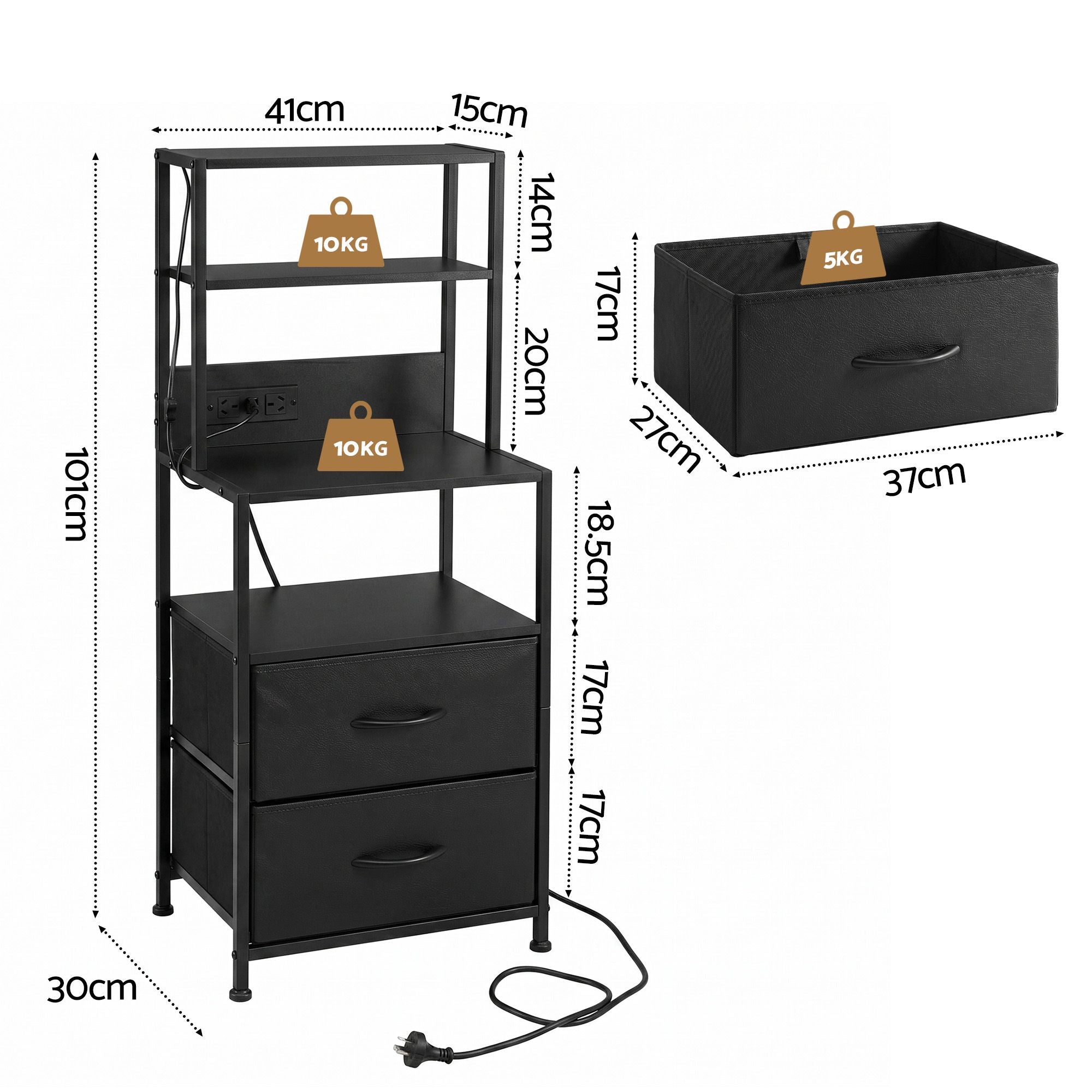 Artiss Tall LED Charging Storage Tower with 2 Fabric Drawers – Black