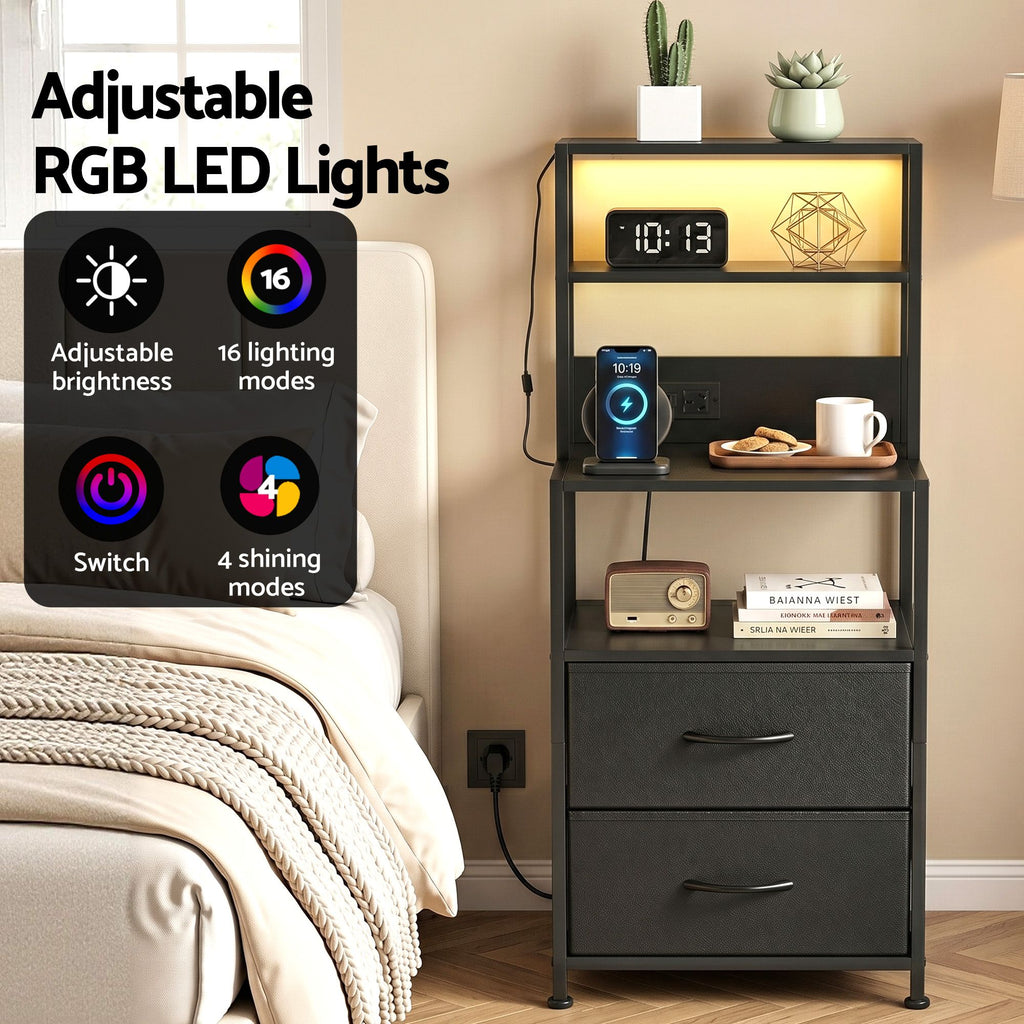 Artiss Tall LED Charging Storage Tower with 2 Fabric Drawers – Black