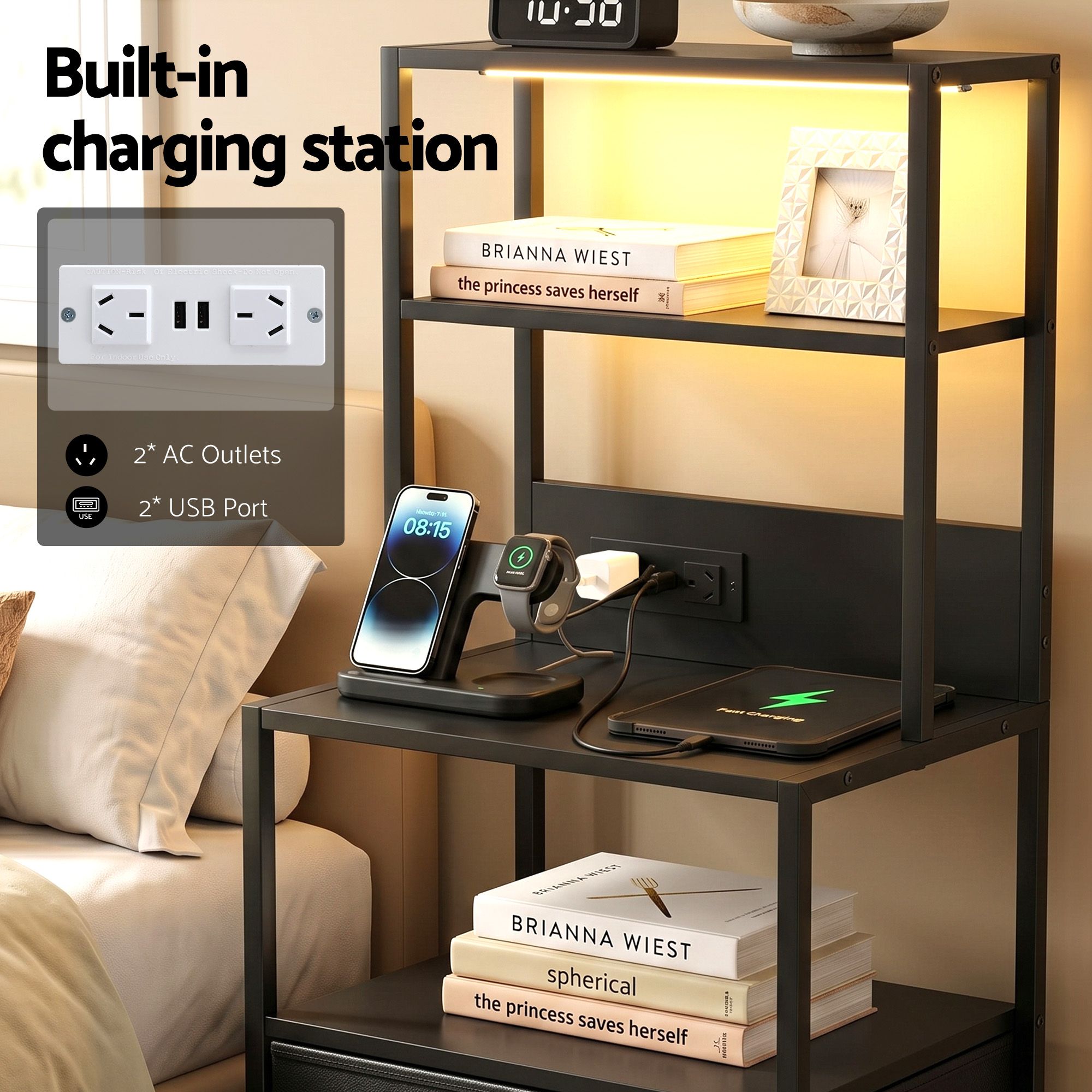 Artiss Tall LED Charging Storage Tower with 2 Fabric Drawers – Black