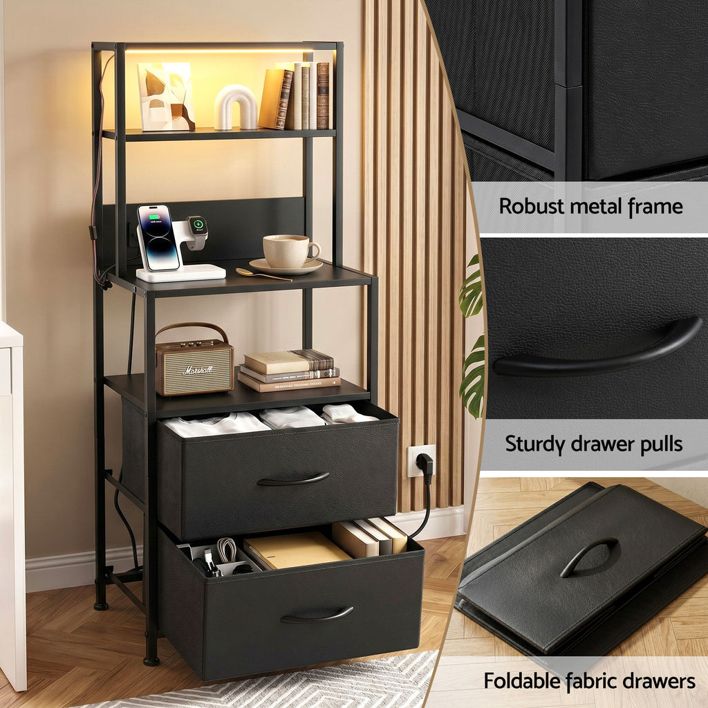 Artiss Tall LED Charging Storage Tower with 2 Fabric Drawers – Black