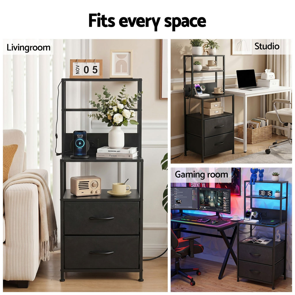 Artiss Tall LED Charging Storage Tower with 2 Fabric Drawers – Black