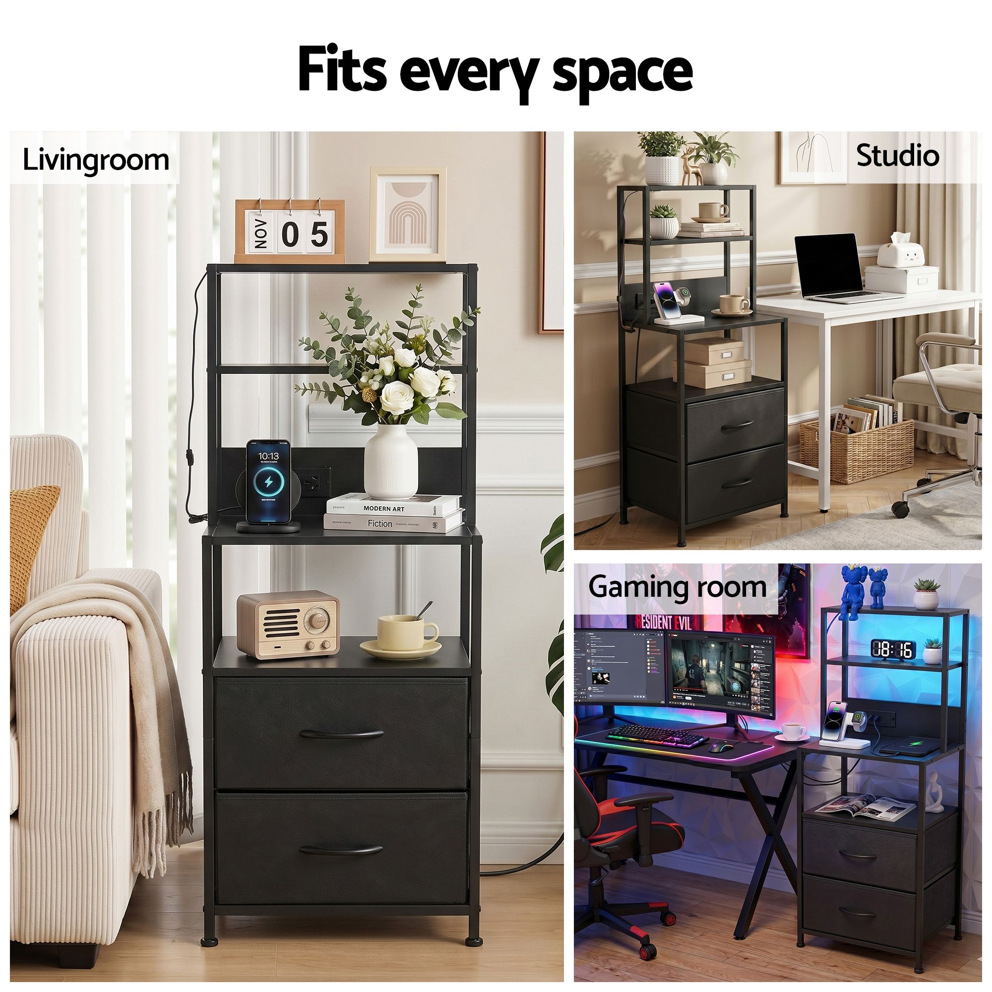 Artiss Tall LED Charging Storage Tower with 2 Fabric Drawers – Black