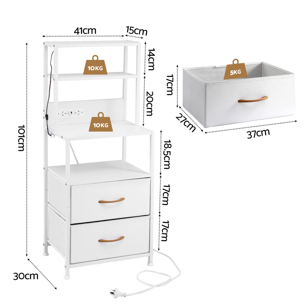 Artiss Tall LED Charging Storage Tower with 2 Fabric Drawers – White