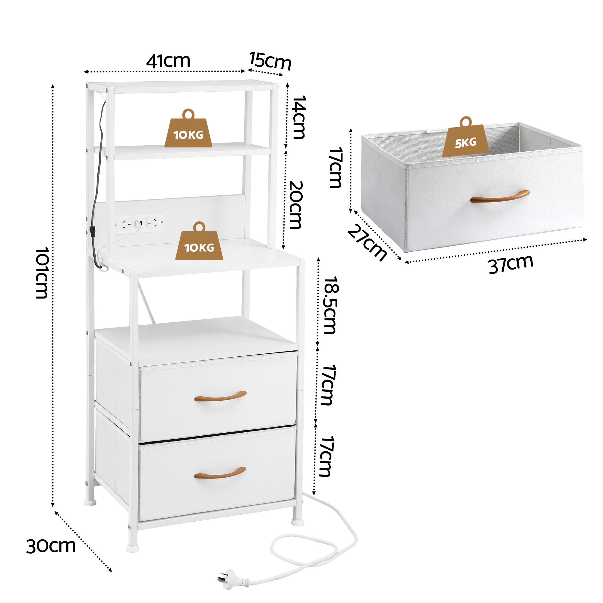 Artiss Tall LED Charging Storage Tower with 2 Fabric Drawers – White