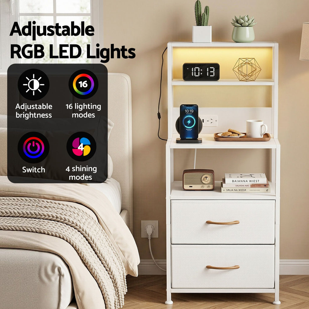 Artiss Tall LED Charging Storage Tower with 2 Fabric Drawers – White