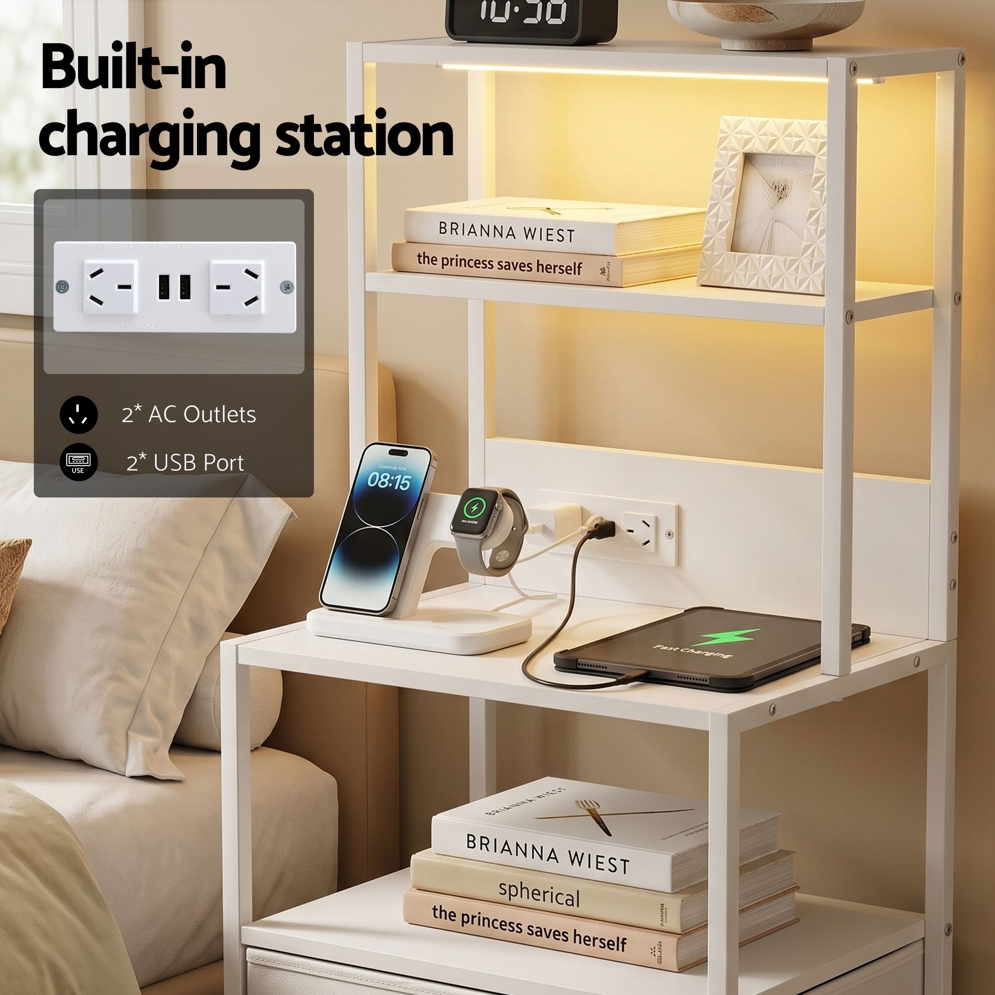 Artiss Tall LED Charging Storage Tower with 2 Fabric Drawers – White
