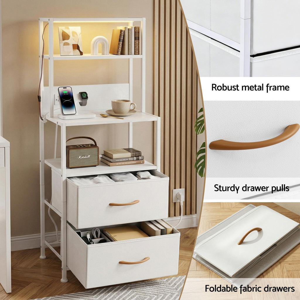 Artiss Tall LED Charging Storage Tower with 2 Fabric Drawers – White