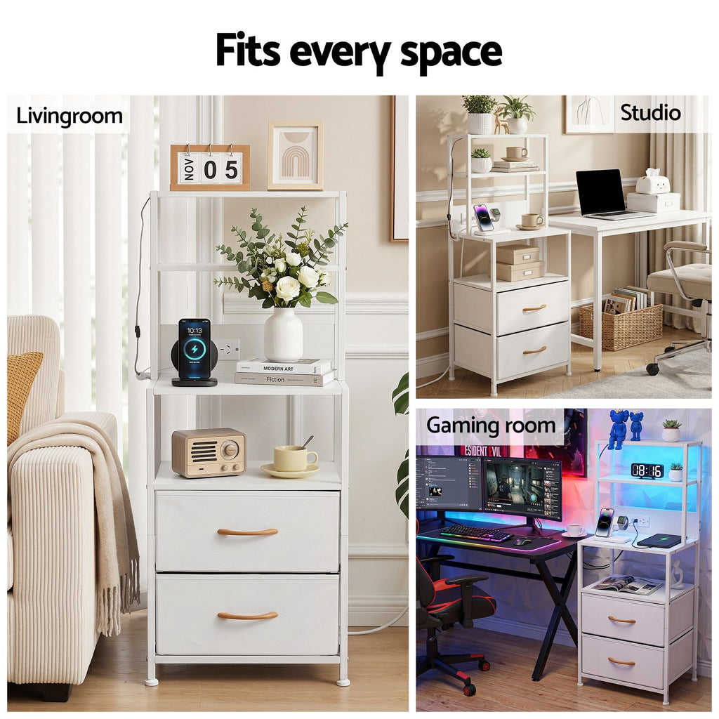 Artiss Tall LED Charging Storage Tower with 2 Fabric Drawers – White