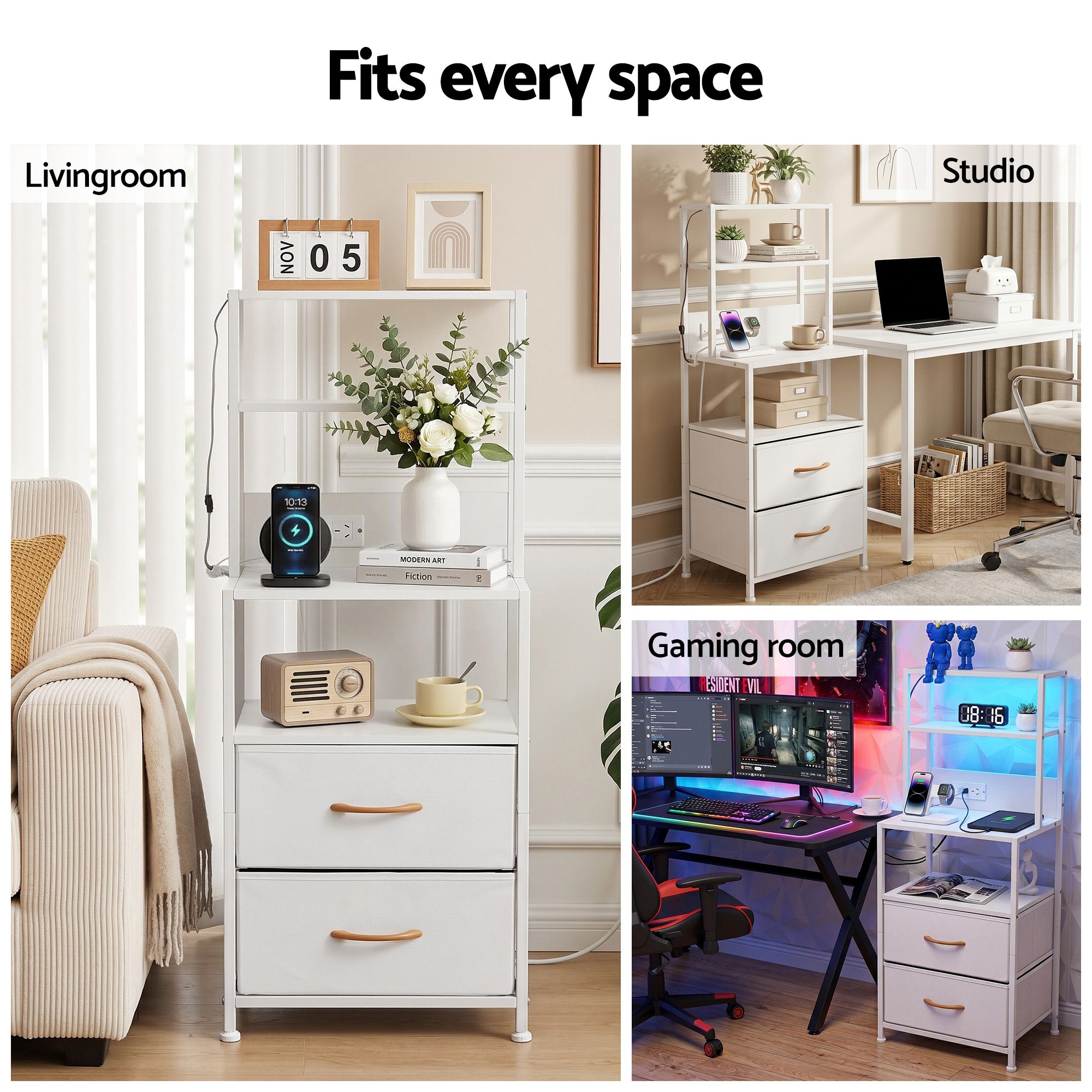 Artiss Tall LED Charging Storage Tower with 2 Fabric Drawers – White