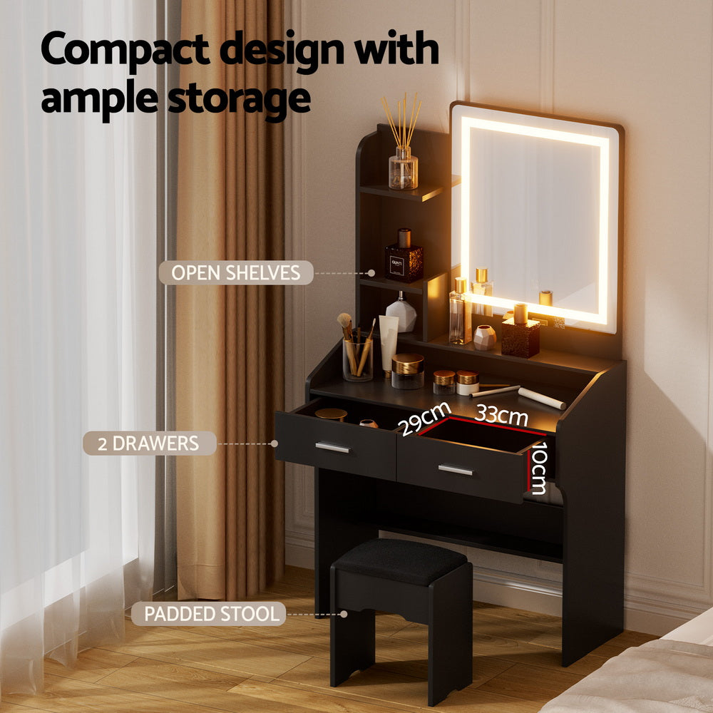 Artiss Slim LED Dressing Table & Stool with 2 Drawers – Black