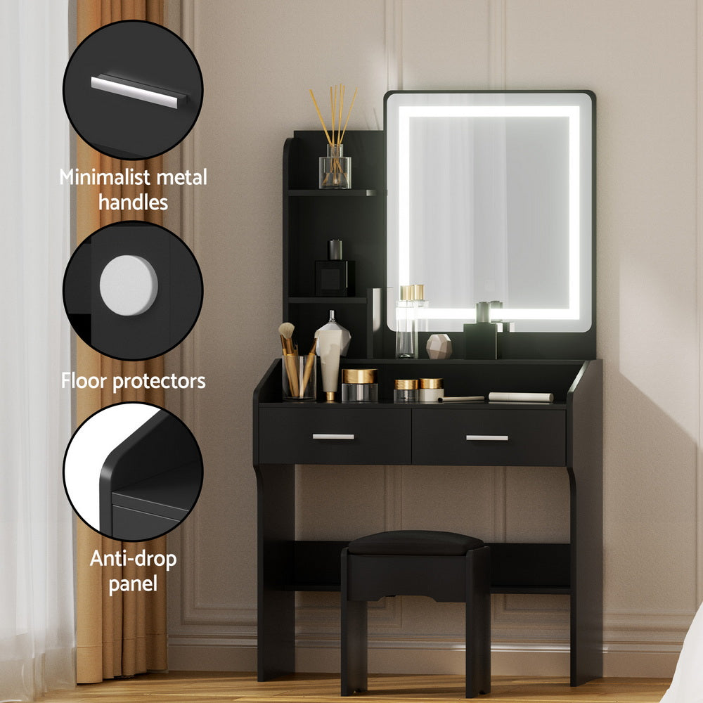 Artiss Slim LED Dressing Table & Stool with 2 Drawers – Black