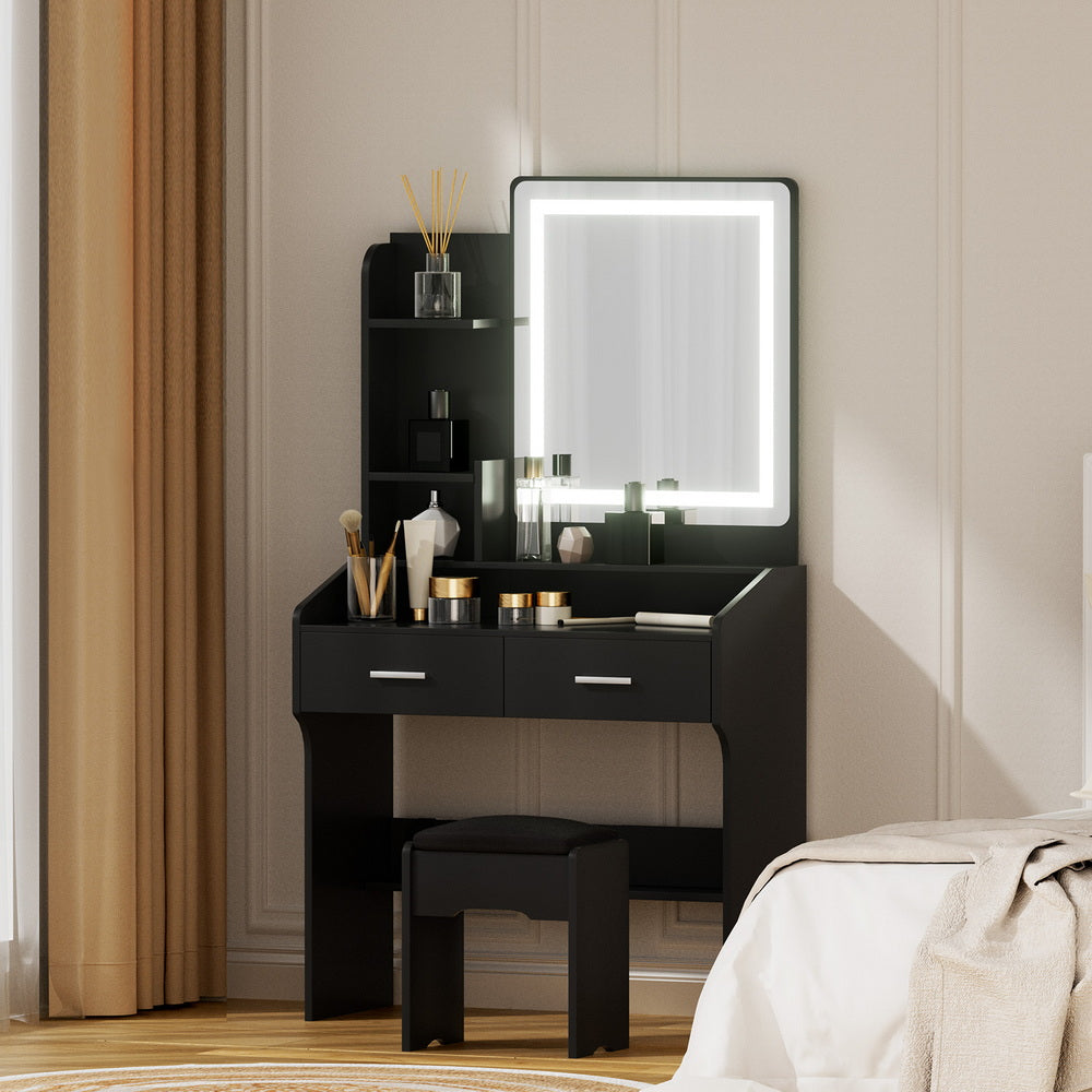 Artiss Slim LED Dressing Table & Stool with 2 Drawers – Black