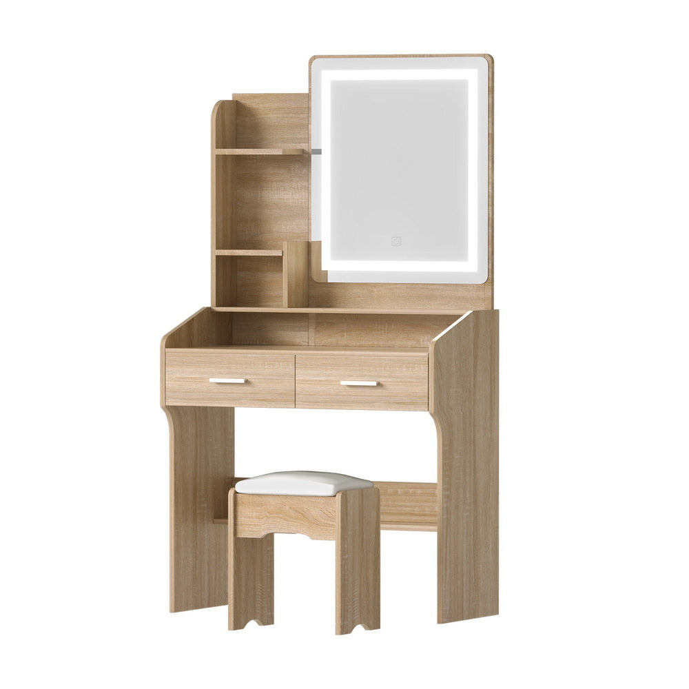 Artiss Slim LED Dressing Table & Stool with 2 Drawers – Wood Look