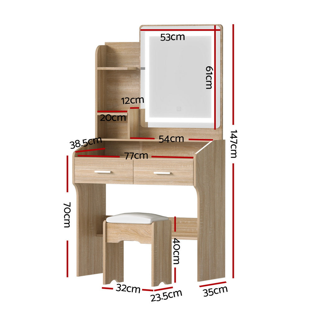 Artiss Slim LED Dressing Table & Stool with 2 Drawers – Wood Look